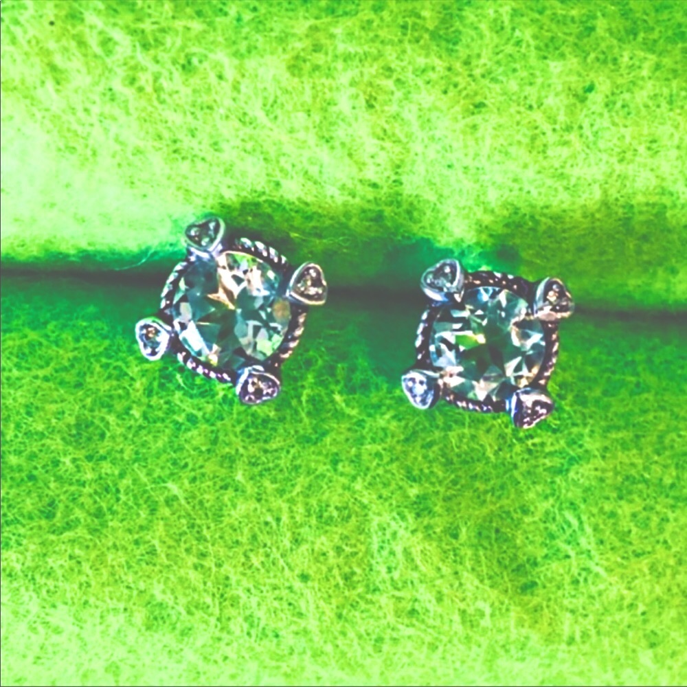 14K Prasiolite Diamond Hearts Cable Cushion Earrings - Picture 3 of 9
